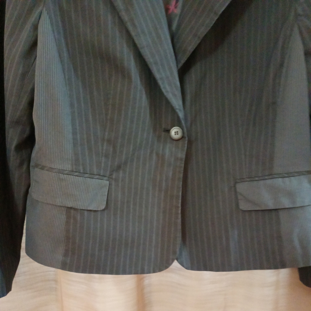 Vintage A Line Pin Striped One Button Black & Gray Blazer Suit Jacket Size 18 - Picture 3 of 8